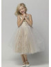 Champagne Sequin Ivory Tulle Knee Length Flower Girl Dress 